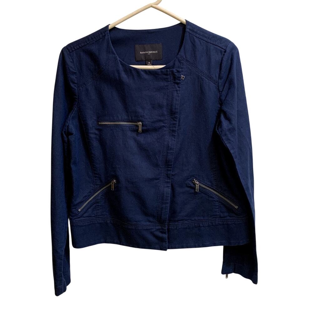 Banana Republic Jacket Women Medium Blue Moto Linen Full Zip Pockets Career